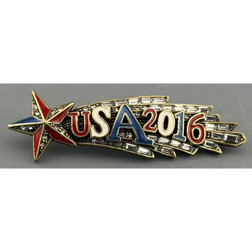 Vintage Heidi Daus Brooch 2016 USA Star Brooch Red White Blue Rhinestone 3